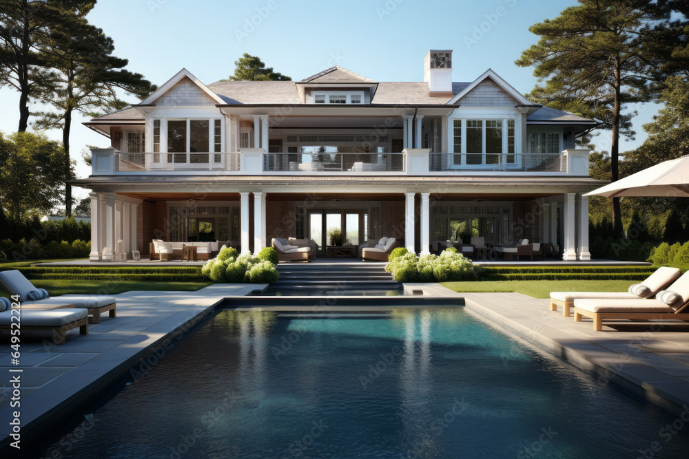 Photorealistic ai artwork of a luxury, modern house in Hamptons style design with a swimming pool. Generative ai.