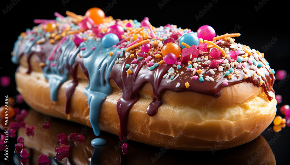 Freshly baked donut with chocolate icing and colorful candy toppings generated by AI