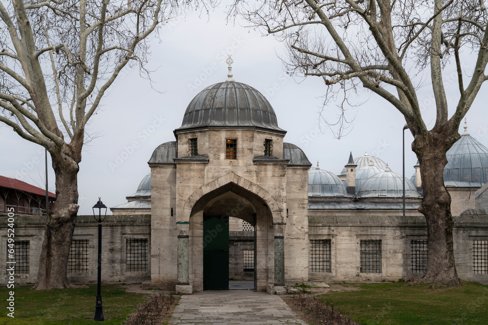 View of the gate on the territory of the Suleymaniye Mosque on a cloudy day, Istanbul, Turkey