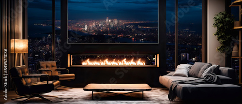 A stylish luxury modern living room in an exclusive penthouse in the city at night. Incredible panoramic views of the downtown cityscape skyline with a cozy fireplace. photo