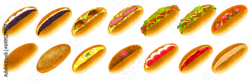 コッペパンのイラストセット　惣菜パン　菓子パン