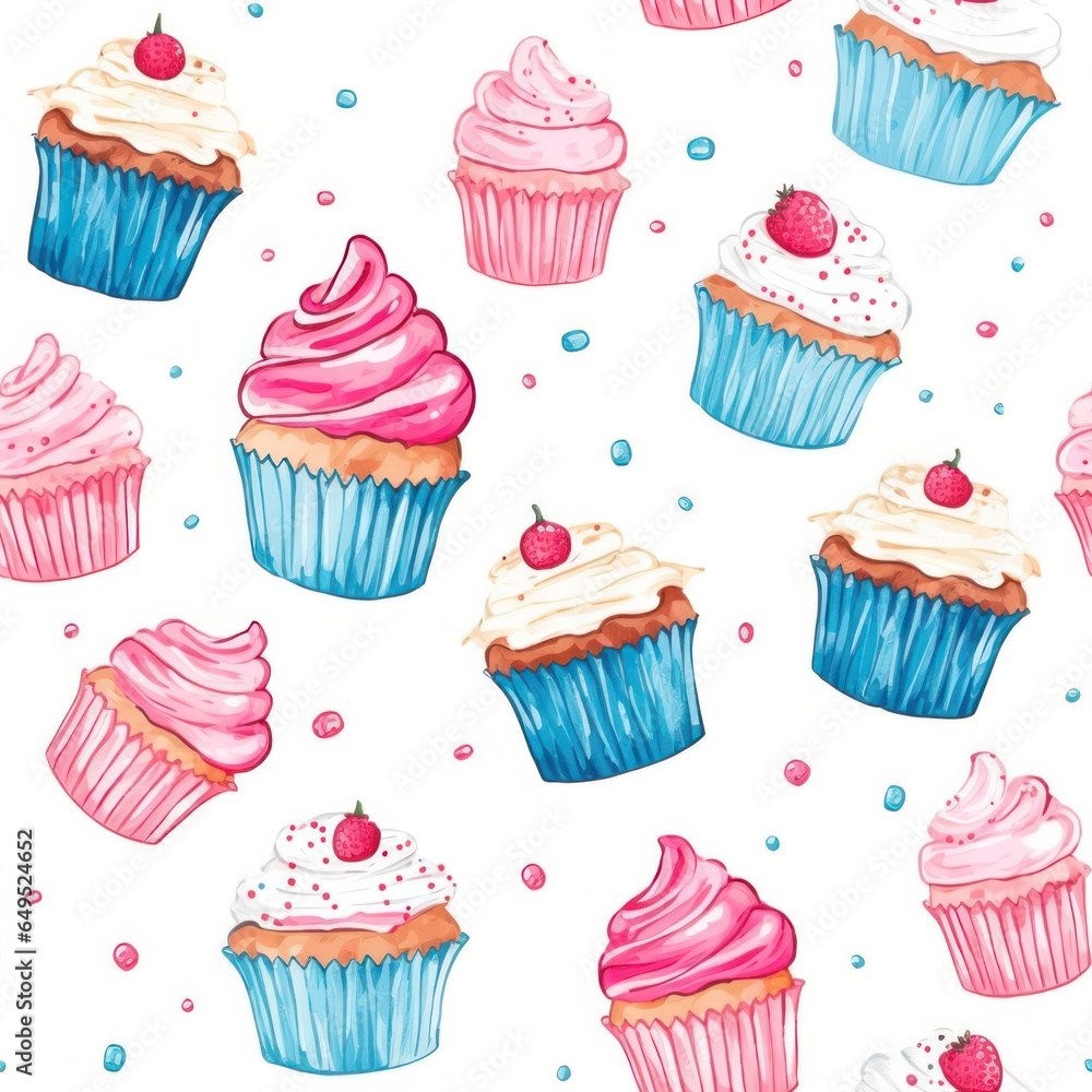 Seamless pattern with watercolor cupcakes on a white background in pink and blue tones. watercolor illustration for wrapping paper, textile, wallpaper, cards and menu Seamless pattern with watercolor cupcakes on a white background in pink and blue tones. watercolor illustration for wrapping paper, textile, wallpaper, cards and menu