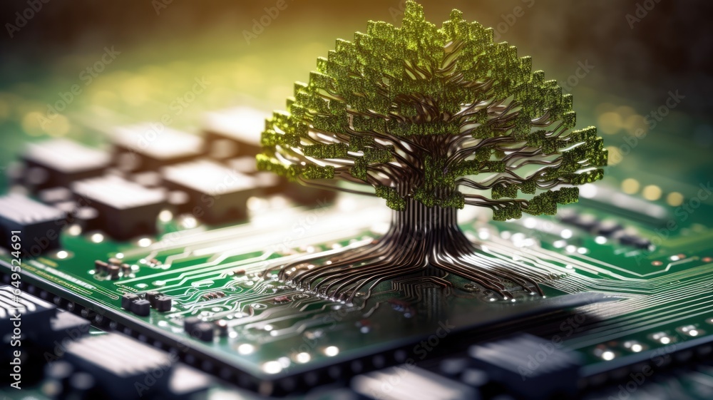 A beautiful large tree growing on the micro chip computer circuit board ...