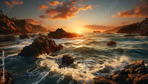 Sunset over the tranquil coastline, nature beauty reflected in water generated by AI