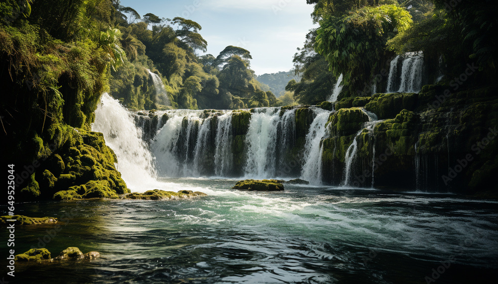 Fototapeta premium Majestic waterfall cascades through lush tropical rainforest, creating breathtaking beauty generated by AI
