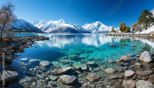 Majestic mountain range reflects in tranquil water, nature beauty generated by AI