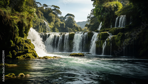 Majestic waterfall cascades through lush tropical rainforest  creating breathtaking beauty generated by AI