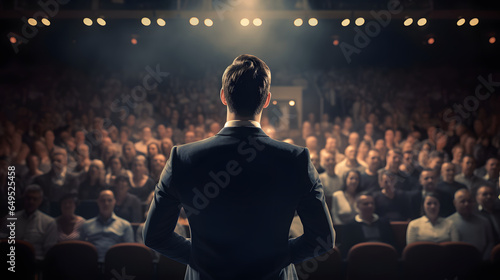 Back view of motivational speaker standing on stage in front of audience speaking to crowd for motivation speech on conference or business event