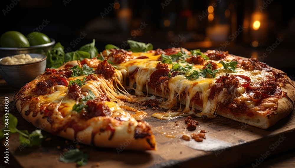 Homemade pizza with salami, thick layer of cheese and tomatoes with herbs. Hot pizza from the oven on a wooden board with vegetables and spices 