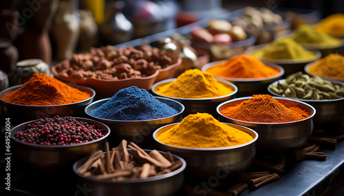 Vibrant colors of spices in a row, selling freshness and variety generated by AI