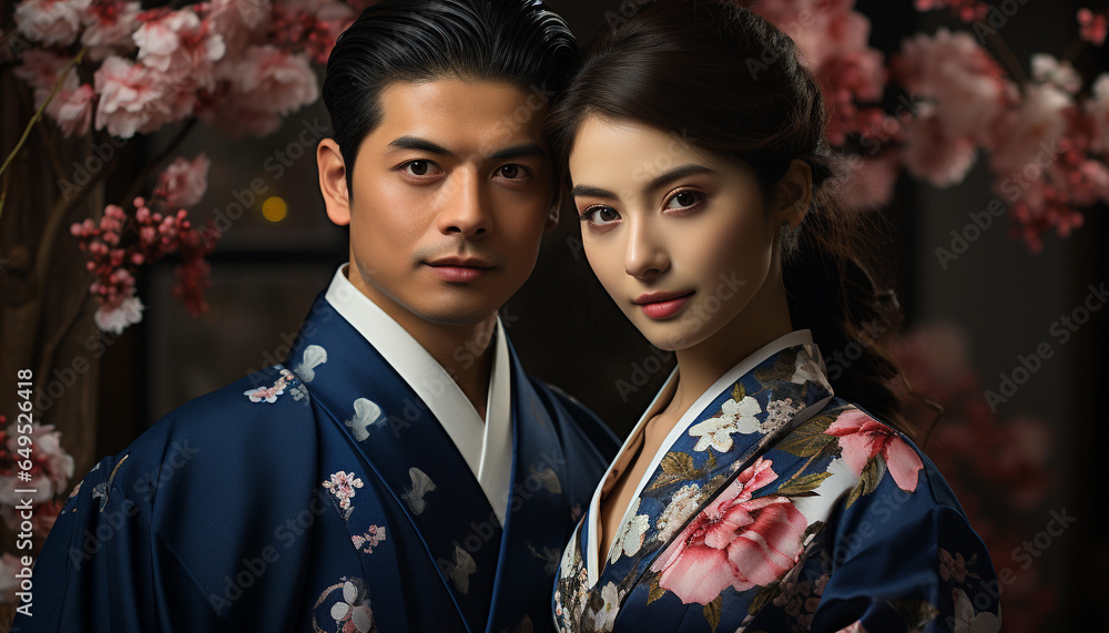 Young adults in traditional clothing, a Japanese couple looking at camera, elegance and love in their eyes generated by AI Young adults in traditional clothing, a Japanese couple looking at camera, elegance and love in their eyes generated by AI