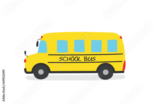 Simple cartoon yellow school bus illustration flat vector. Hand drawn specialty vehicles icon. Transportation element in kid drawing style. Back to school concept