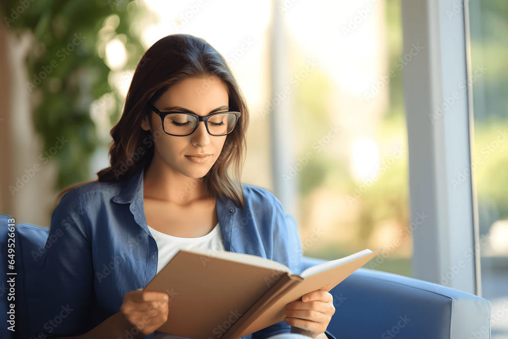 Young woman with eyeglasses enjoy reading book at home in living room Young woman with eyeglasses enjoy reading book at home in living room