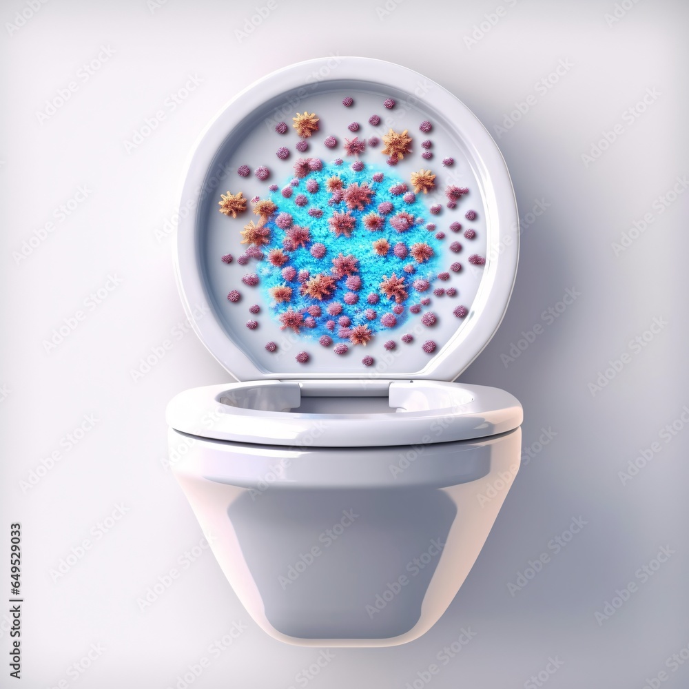 Dirty white flush toilet full of germs, fungi, viruses. Various colored