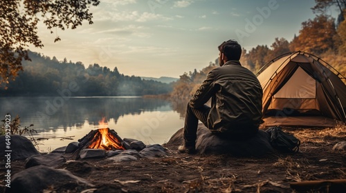 A man is sitting and warming himself by a fire at the edge of a lake and mist, with a bonfire, a tent, the morning sun or sunset, a forest, a mountain range. The concept is travel, hiking, adventure. photo