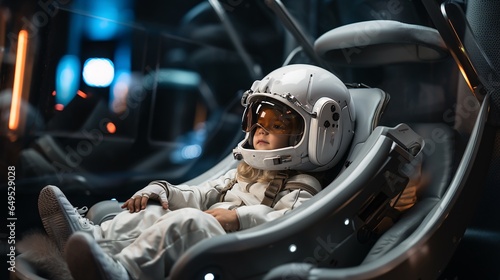 A girl in an astronaut suit sits in the cockpit of a spaceship. Futuristic high-tech background. Future dream job for kid learning, imagination and inspiration. photo