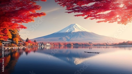 Colorful Autumn Season and Mountain Fuji with mornin