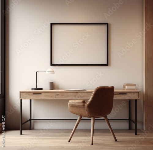 Minimalist Black Wooden Frame Wall Art Mock-Up in a Home Office with Leather Chair