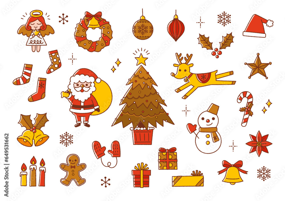 Fototapeta premium クリスマスモチーフの手書き線画ベクターイラスト