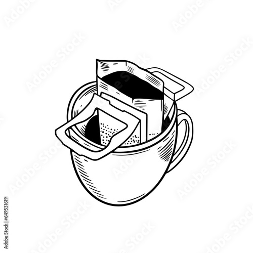 Hand drawn sketch art drip bag coffee. Vector illustration logo