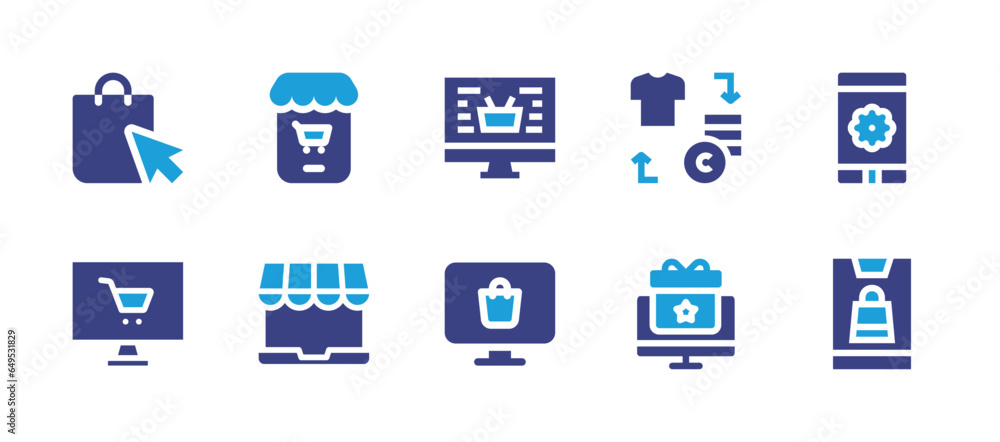 Ecommerce icon set. Duotone color. Vector illustration. Containing buy, gift, online shop, buy online, online store, shopping bag, smartphone, shopping.