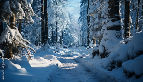 Winter landscape snow covered trees, tranquil scene, frozen footpath, slippery adventure generated by AI
