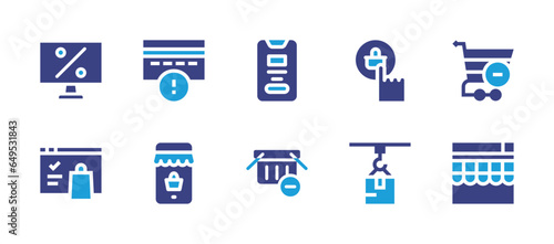 Ecommerce icon set. Duotone color. Vector illustration. Containing shopping basket, delivery box, discount, card payment, online shopping, cart, shopping, smartphone.