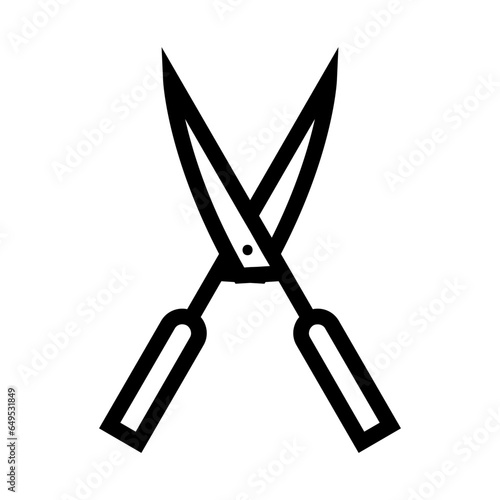 Pruning shears farming icon with black outline. pruning, garden, scissors, work, gardening, plant, tool. Vector illustration