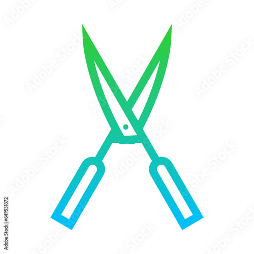 Pruning shears farming icon with blue and green gradient outline. pruning, garden, scissors, work, gardening, plant, tool. Vector illustration