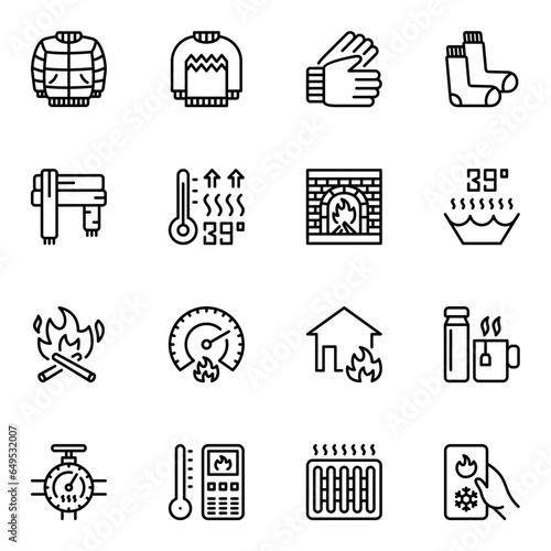 Heating and warm clothes line icons set. gas, flame, system, electricity, outline, heat, control, fire, conditioning, pump, heating, conditioner, climate, electric, thermostat, comfort, fireplace