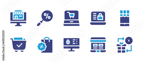 Ecommerce icon set. Duotone color. Vector illustration. Containing shopping, online shopping, online shop, gift, marketplace, search, shopping cart, shopping bag. © Huticon