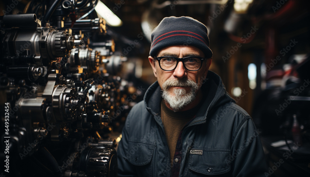 A confident senior mechanic in a workshop repairing machinery generated by AI