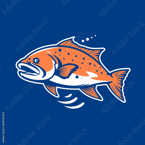 Vector illustration of a salmon fish on a blue background. Logo, emblem, design element.