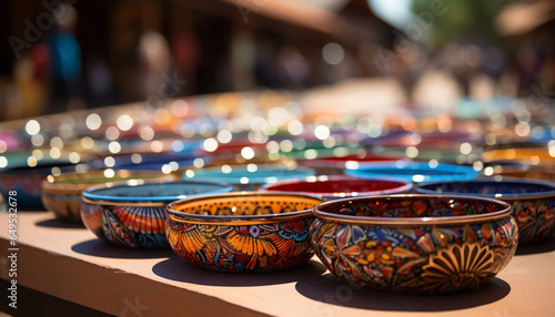 A vibrant collection of traditional pottery decorates the table generated by AI