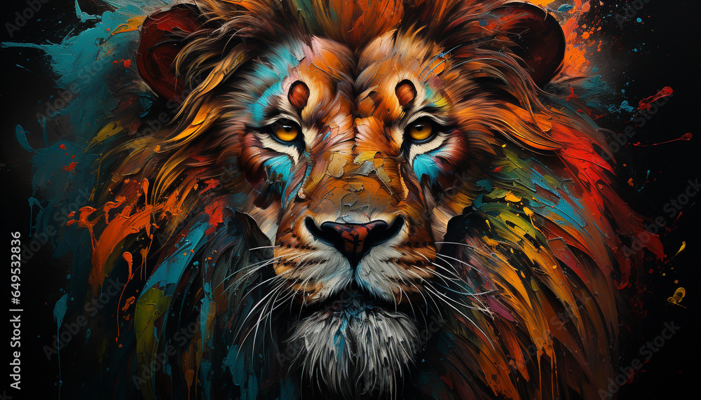 Majestic lion, symbol of strength, painted in abstract colors generated by AI