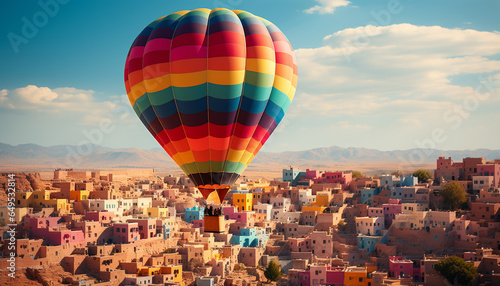 Hot air balloon flying over cityscape, an adventurous transportation mode generated by AI