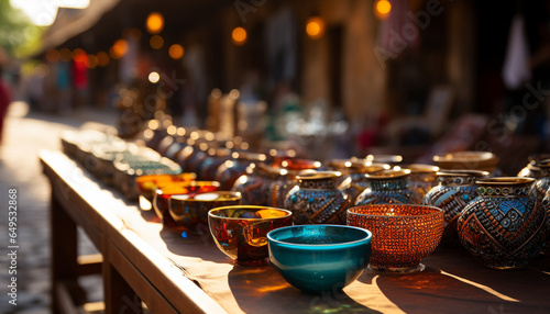 A colorful pottery collection adorns the traditional outdoor souvenir store generated by AI
