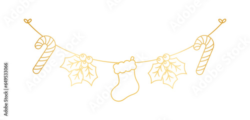 Gold Christmas Garland Outline Doodle Vector Illustration, Christmas Line Art Graphics for Kids, Festive Winter Holiday Season Bunting