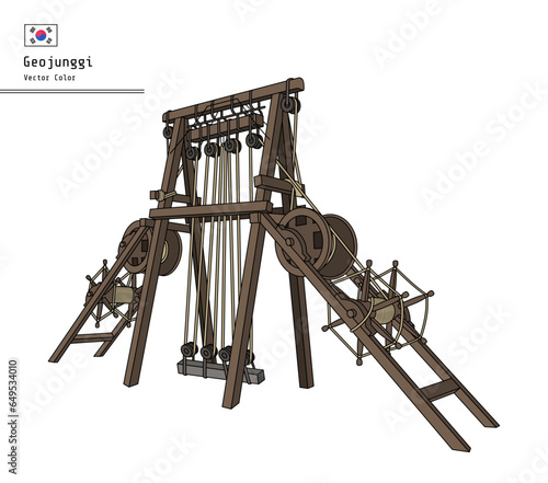 This illustration is 'Geojunggi', an invention of Jeong Yak-yong from the old Joseon Dynasty (Korea). It is a composite pulleys used in the construction of Suwon Hwaseong Fortress.