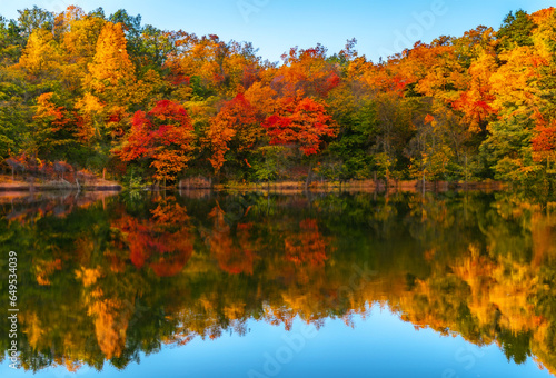 Autumn Reflections by the Lake. Peaceful lake surrounded by colorful autumn foliage. Trees mirrored in the calm water.