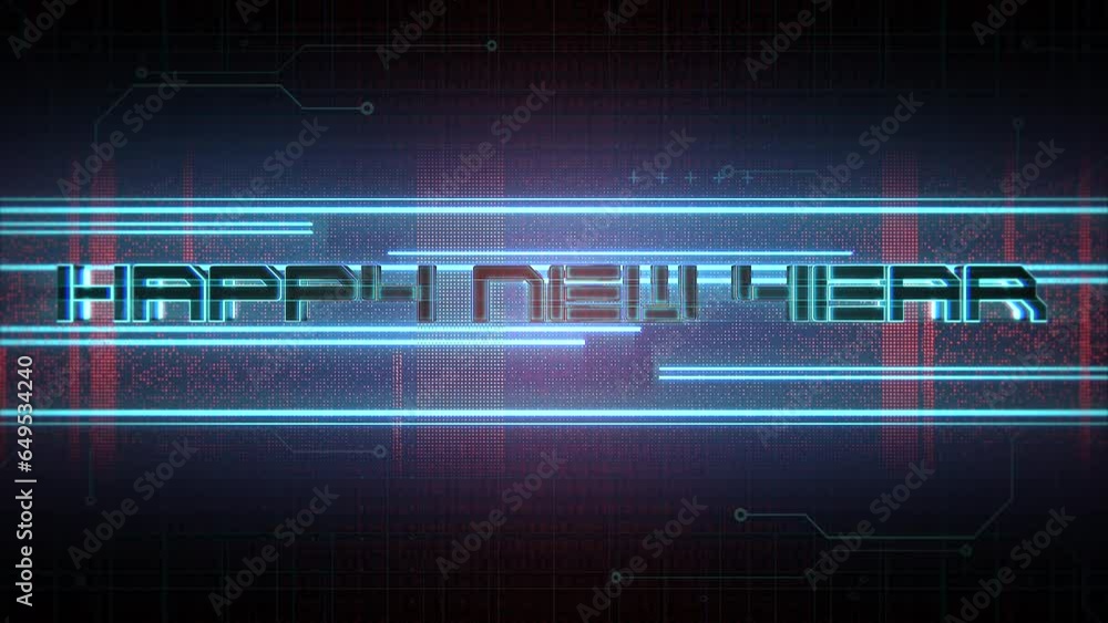 Happy New Year text with cyberpunk lines and matrix code, motion abstract futuristic, cyberpunk and winter holidays style background Happy New Year text with cyberpunk lines and matrix code, motion abstract futuristic, cyberpunk and winter holidays style background