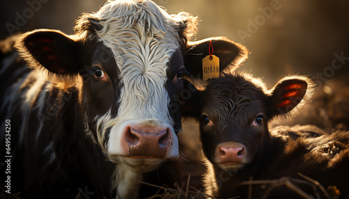 Cute cow grazing in green meadow, looking at camera generated by AI © Gstudio