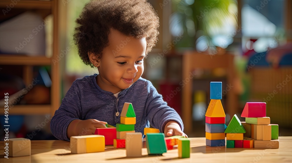 Cute little African American child learning Playing with wooden blocks in the house - obrazy, fototapety, plakaty 