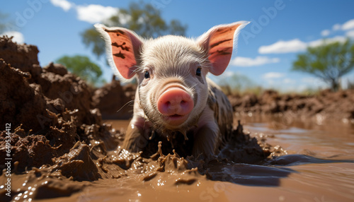 Cute piglet in the mud, looking at camera on farm generated by AI