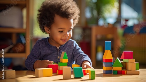 Cute little African American child learning Playing with wooden blocks in the house photo
