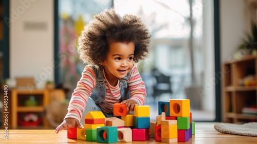 Cute little African American child learning Playing with wooden blocks in the house
