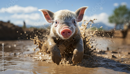 Cute piglet enjoys the wet mud on a sunny day generated by AI