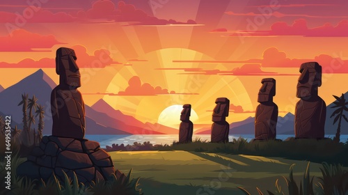 Moai Statues Poster in the Morning with Sunrise View generative ai