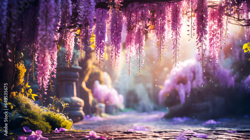 Under The Wisteria flowers and wisteria Trees in light purple mixed on on a foggy sunny morning