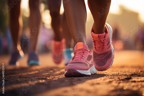 Group of women wearing pink running shoes participating in marathon © Алина Бузунова